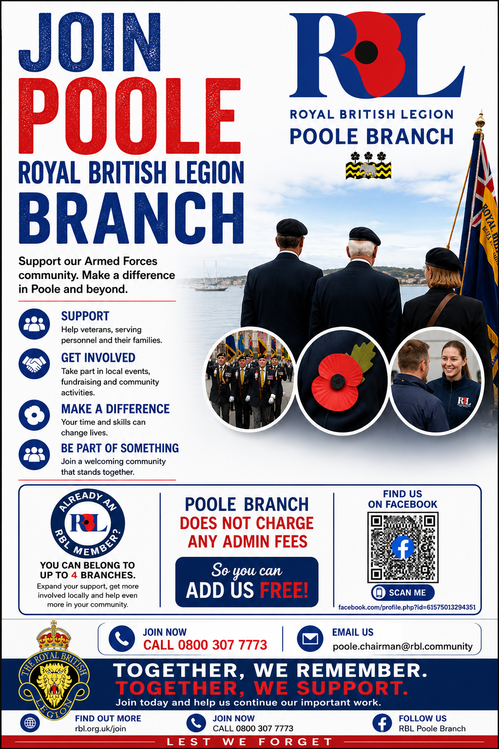 Join Poole Royal British Legion Branch — recruitment poster showing veterans, contact details and QR code