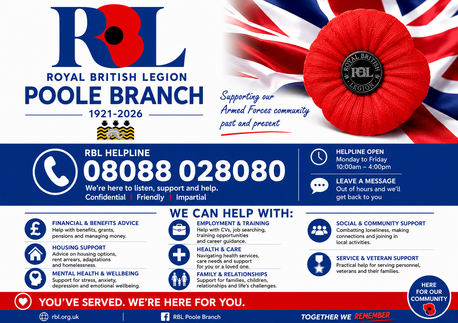 Royal British Legion Poole Branch — RBL Helpline 08088 028080, supporting our Armed Forces community past and present. We can help with financial advice, housing, mental health, employment, health and care, family support, social support, and veteran support.